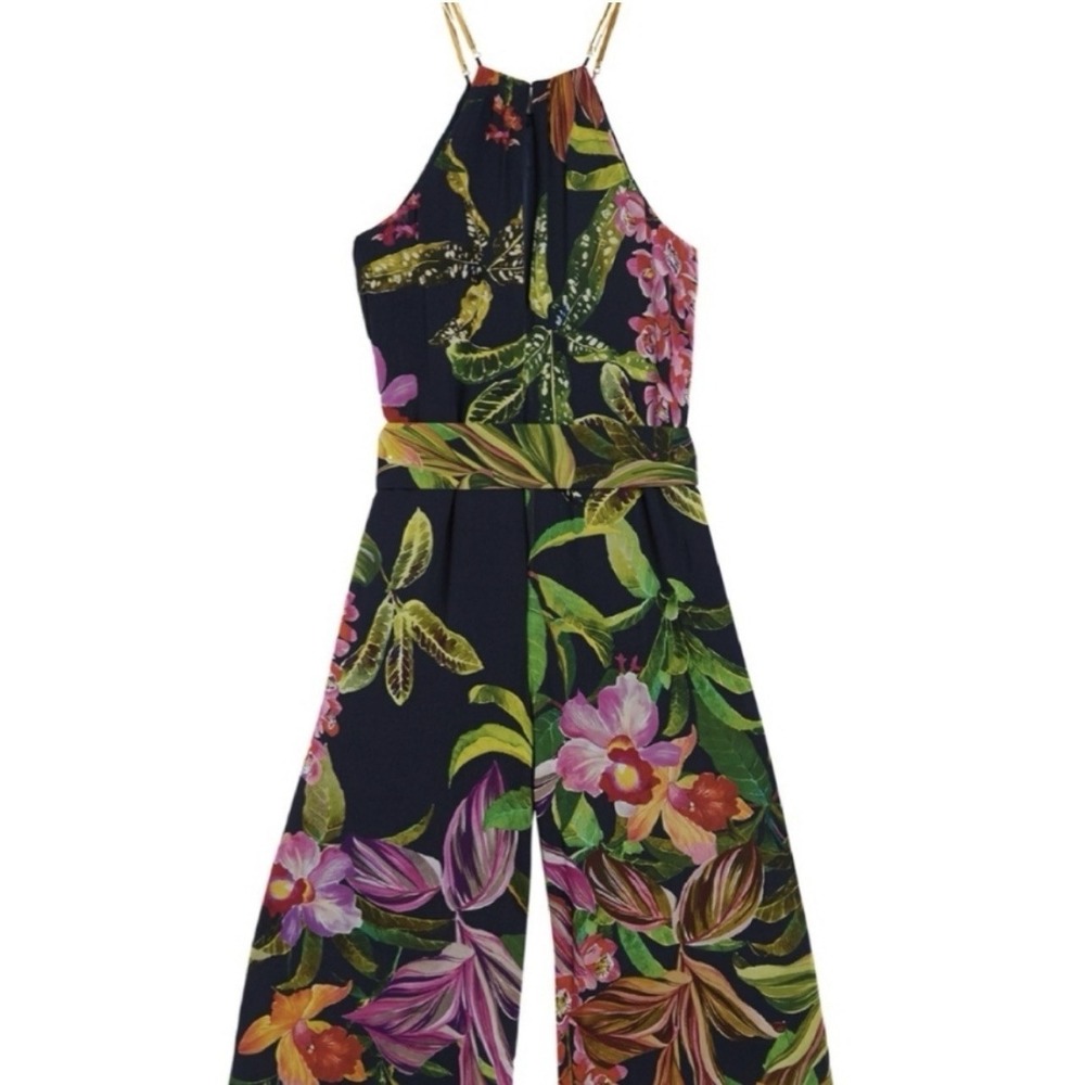 Trina Turk 100% Silk Jumpsuit M Tropical Floral Halter Gold Chain Wedding Guest - Picture 2 of 8